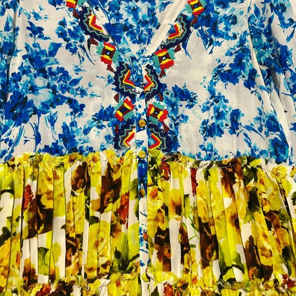 ROCOCO SAND Romantic Floral Tiered Maxi Dress Silk Beaded V-neck  XS - Picture 8 of 13